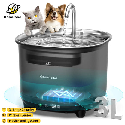 Geoorood Wireless Cat/Dog Water Fountain - 3L Cordless Battery Operated Indoor Drinking Fountain with Motion Sensor and Ultra-Quiet Pump, BPA-Free
