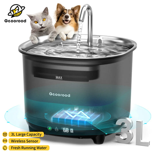 Geoorood Wireless Cat/Dog Water Fountain - 3L Cordless Battery Operated Indoor Drinking Fountain with Motion Sensor and Ultra-Quiet Pump, BPA-Free