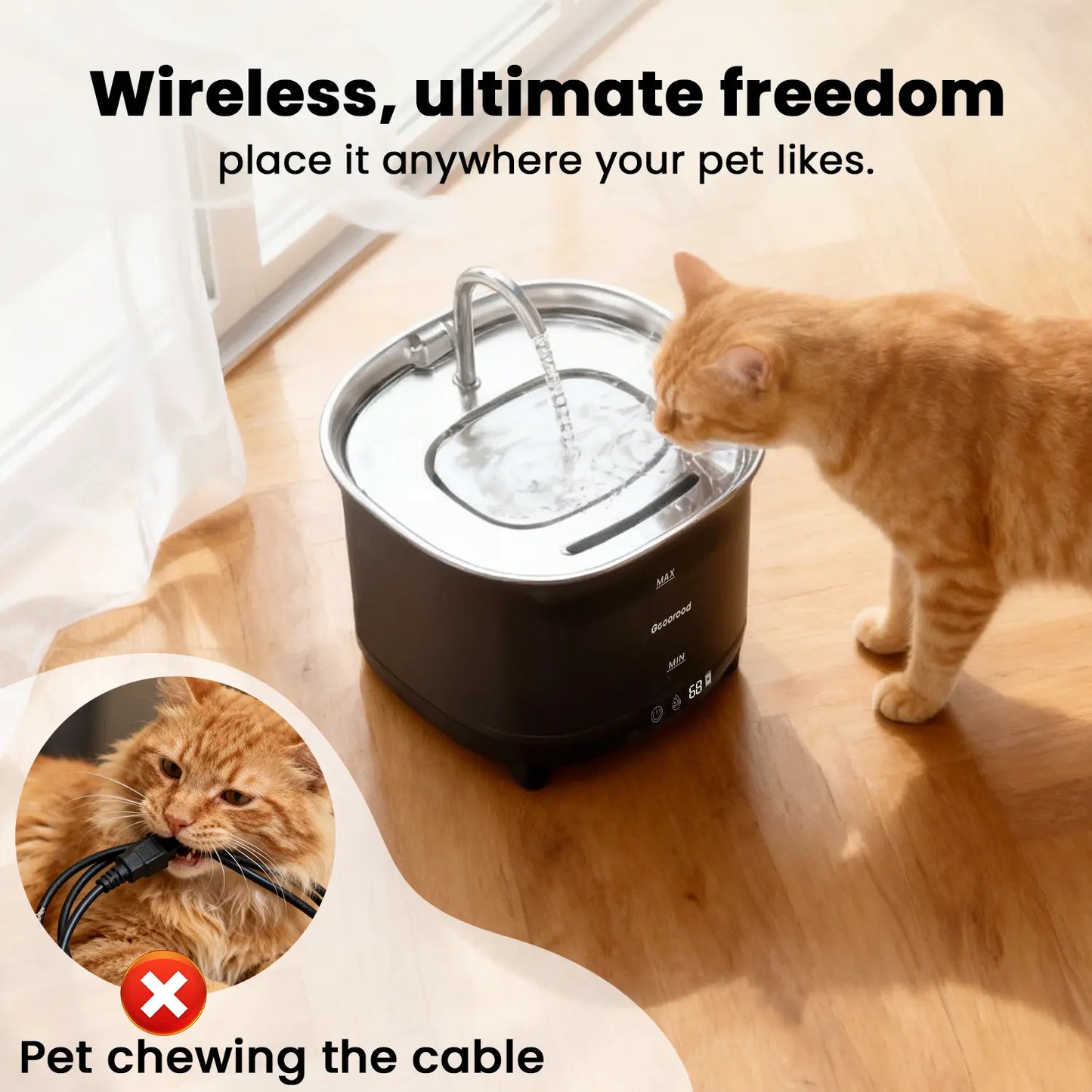 Geoorood Wireless Cat/Dog Water Fountain - 3L Cordless Battery Operated Indoor Drinking Fountain with Motion Sensor and Ultra-Quiet Pump, BPA-Free